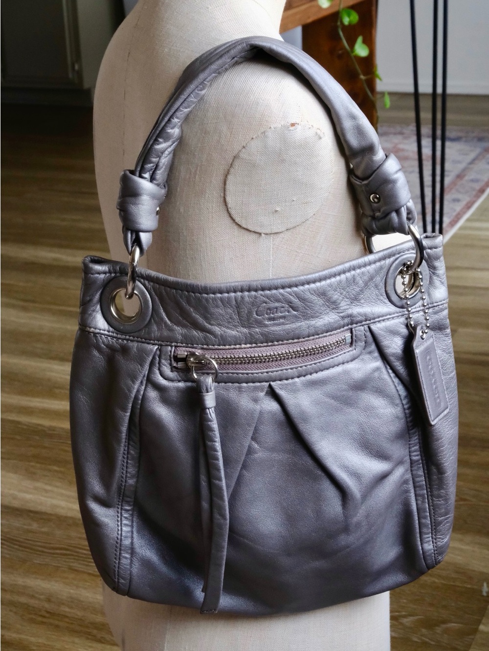 Coach Metallic Silver Pebbled Leather Shoulder Bag